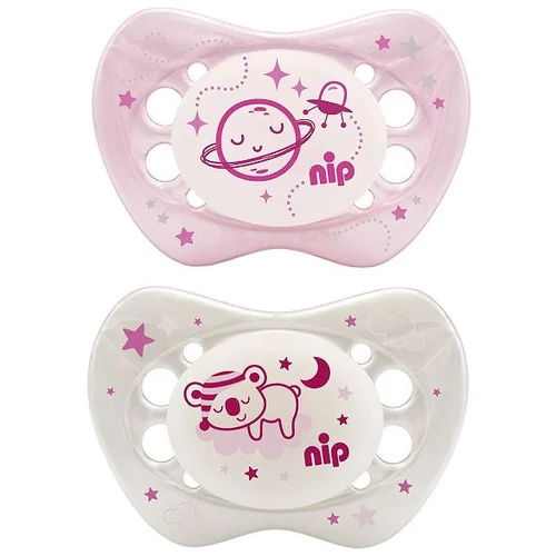 Nip  - 2 db-os éjszakai cumi ortodontikus szilikon 3-as méret  - pink bolygó/maci