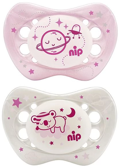 Nip  - 2 db-os éjszakai cumi ortodontikus szilikon 3-as méret  - pink bolygó/maci